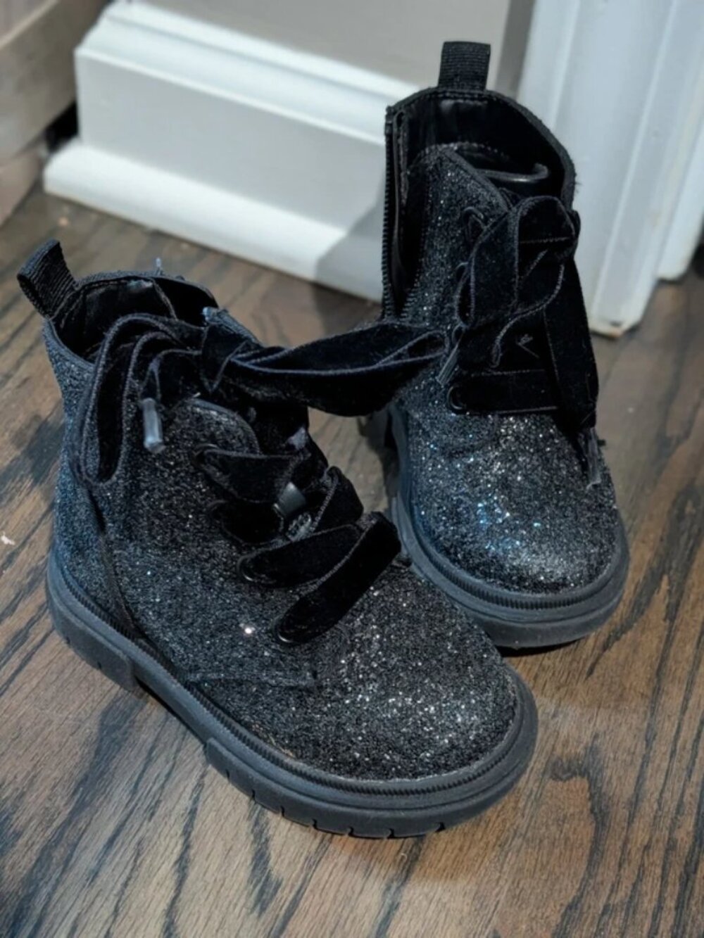 Cat & jack khloe black glitter lace up velvet ankle combat boots girls toddler